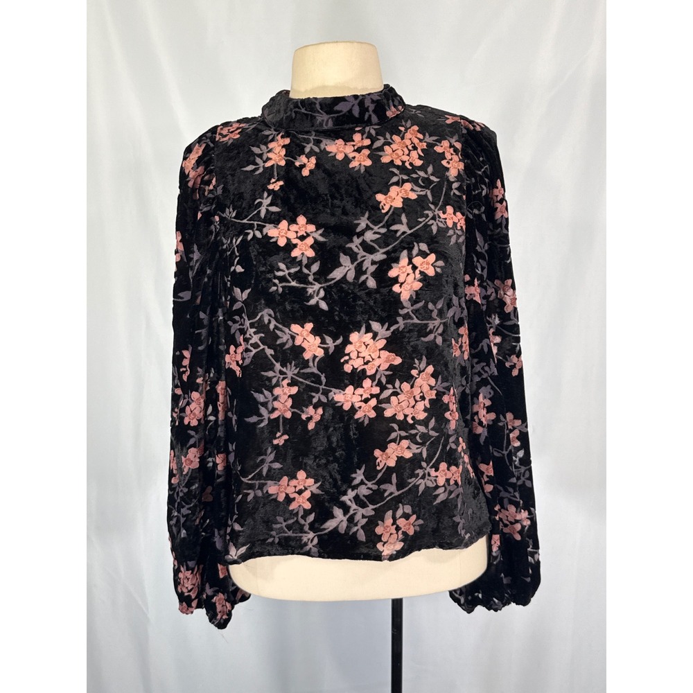 Another Love Floral Burnout Velvet Balloon Sleeve Blouse Top Black Romantic L